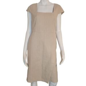 Ann Taylor Linen Cotton Blend Dress Beige Square Neck Cap Sleeve Faux Wrap Sze 8
